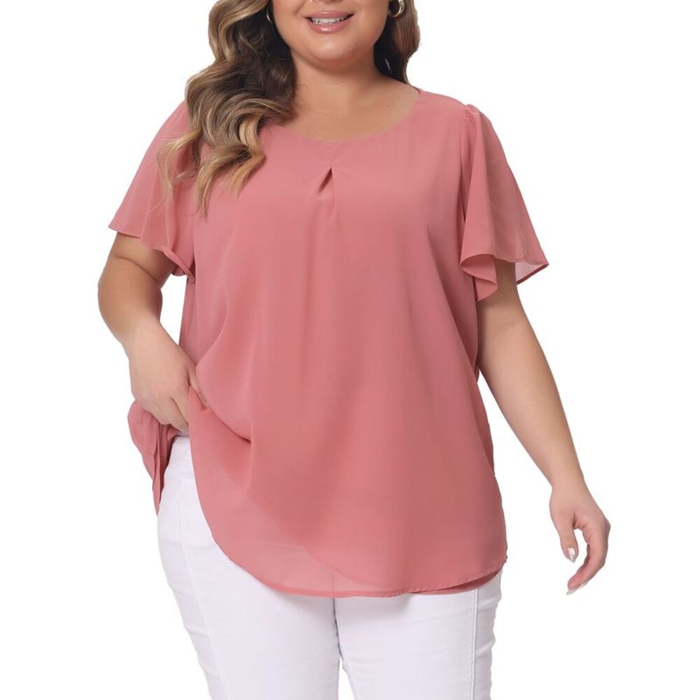 Plus Size Chiffon Blouse Ruffle Sleeve Work Tops Pink